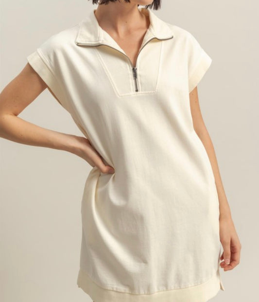 Cream Mock Half Zipper T-Shirt Dress