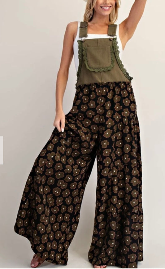 Olive Print Overall Jumpsuit Eesome