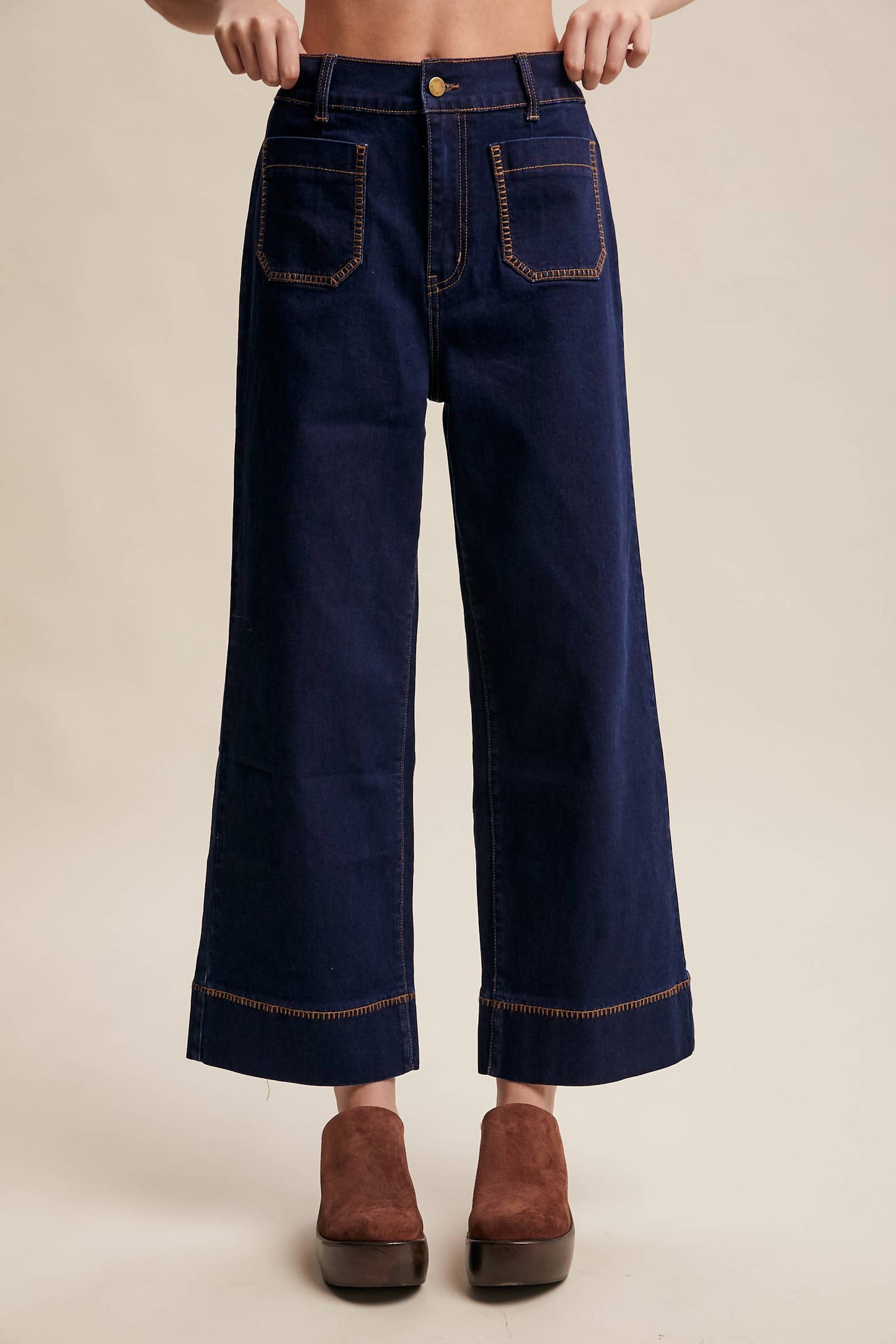 Contrast Stitch Wide Leg Stretch Denim Pants