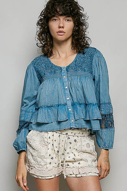 Feminine Lacework Pintuck Button Front Woven Blouse