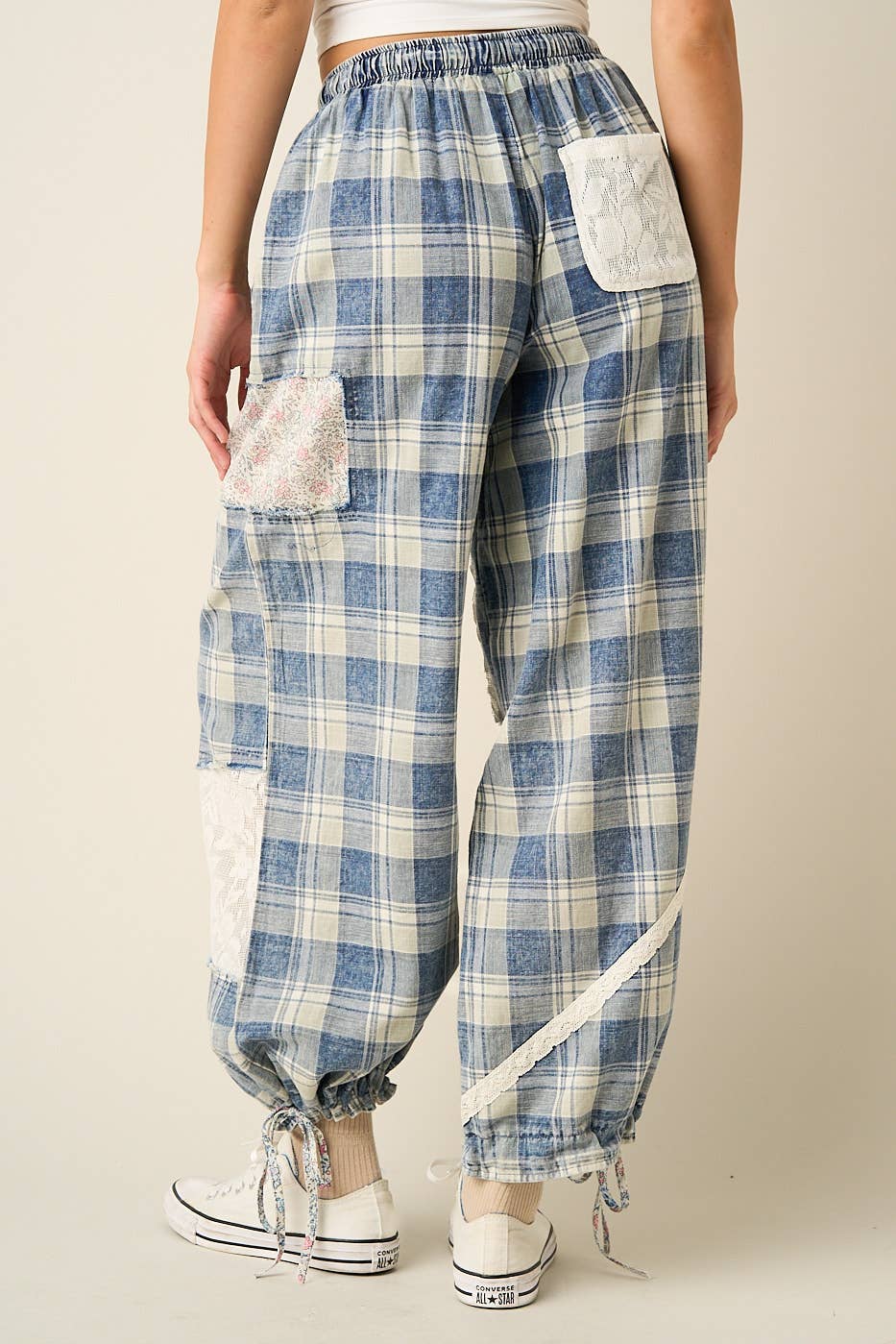 Mittoshop PLAID PATCHWORK LACE DRAWSTRING PARACHUTE PANTS
