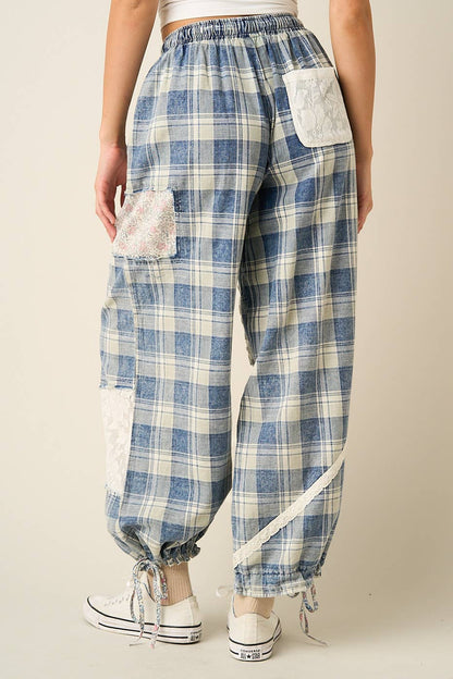 Mittoshop PLAID PATCHWORK LACE DRAWSTRING PARACHUTE PANTS