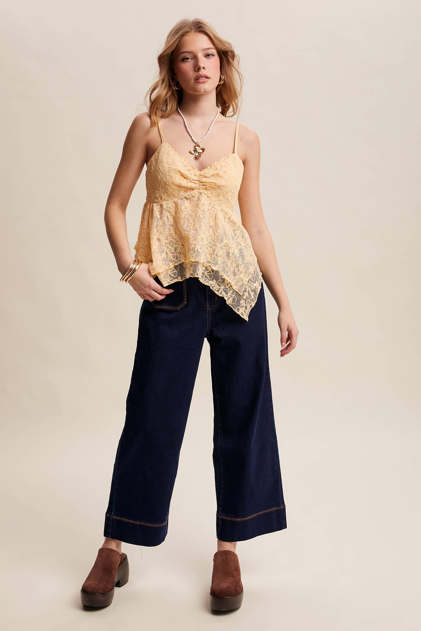 Contrast Stitch Wide Leg Stretch Denim Pants