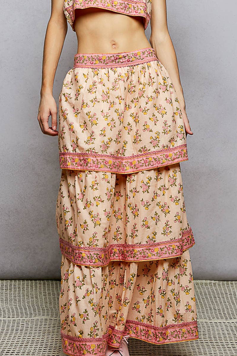 Peach Floral ruffle Maxi Tiered Skirt