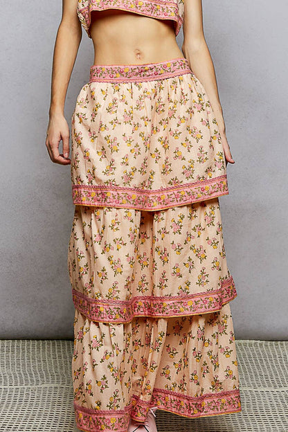 Peach Floral ruffle Maxi Tiered Skirt