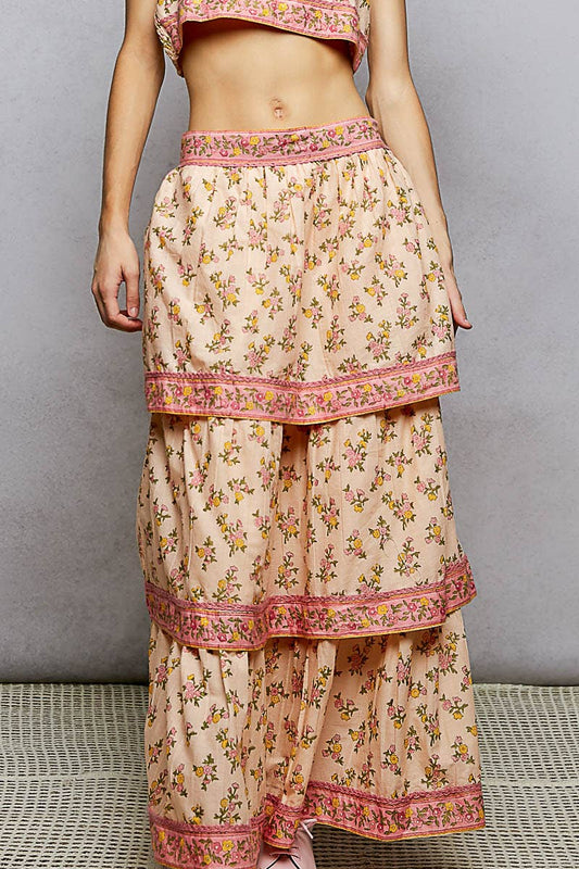 Peach Floral ruffle Maxi Tiered Skirt