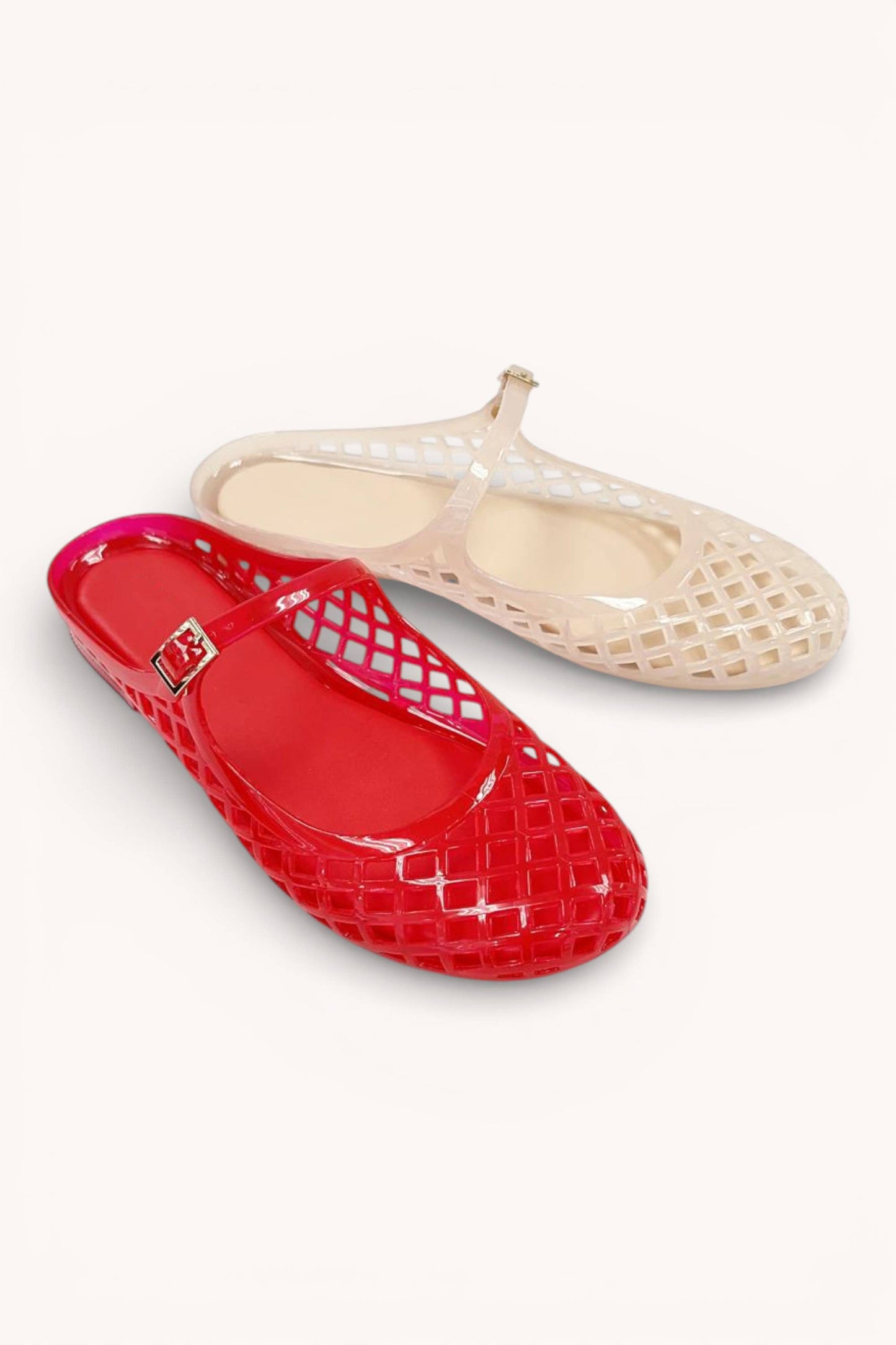 POSIE-1 TRENDY LATTICE JELLY MARY JANE STRAP SLIDE FLAT SLIP
