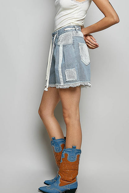 Vintage Washing Stripe Solid Crochet Patch Short Wide Pants
