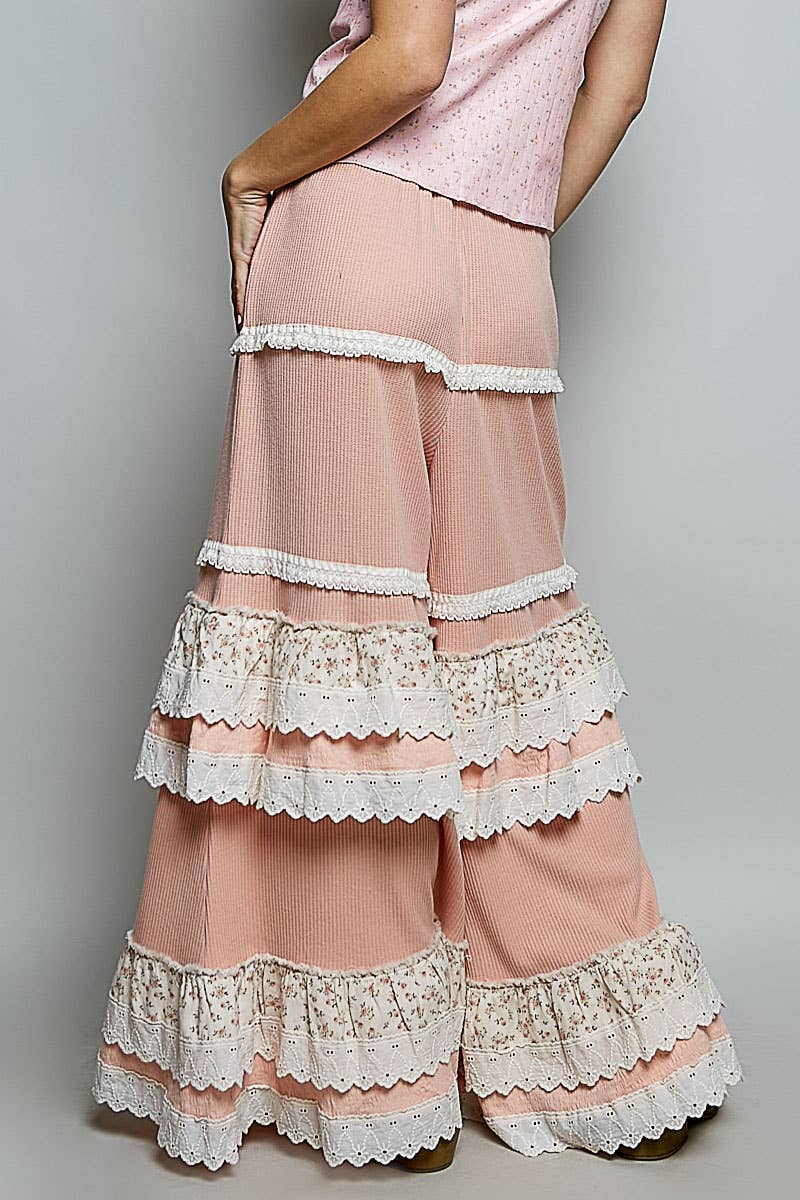 Floral Contrast Eyelet Ruffle Lace Trim Straight Knit Pants