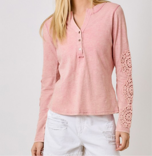 Washed Rose Henley Button Top