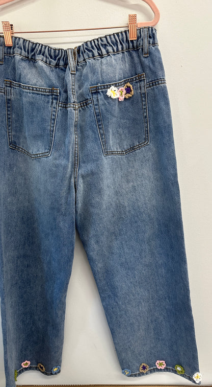 Floral 3 D Crochet Denim Pants