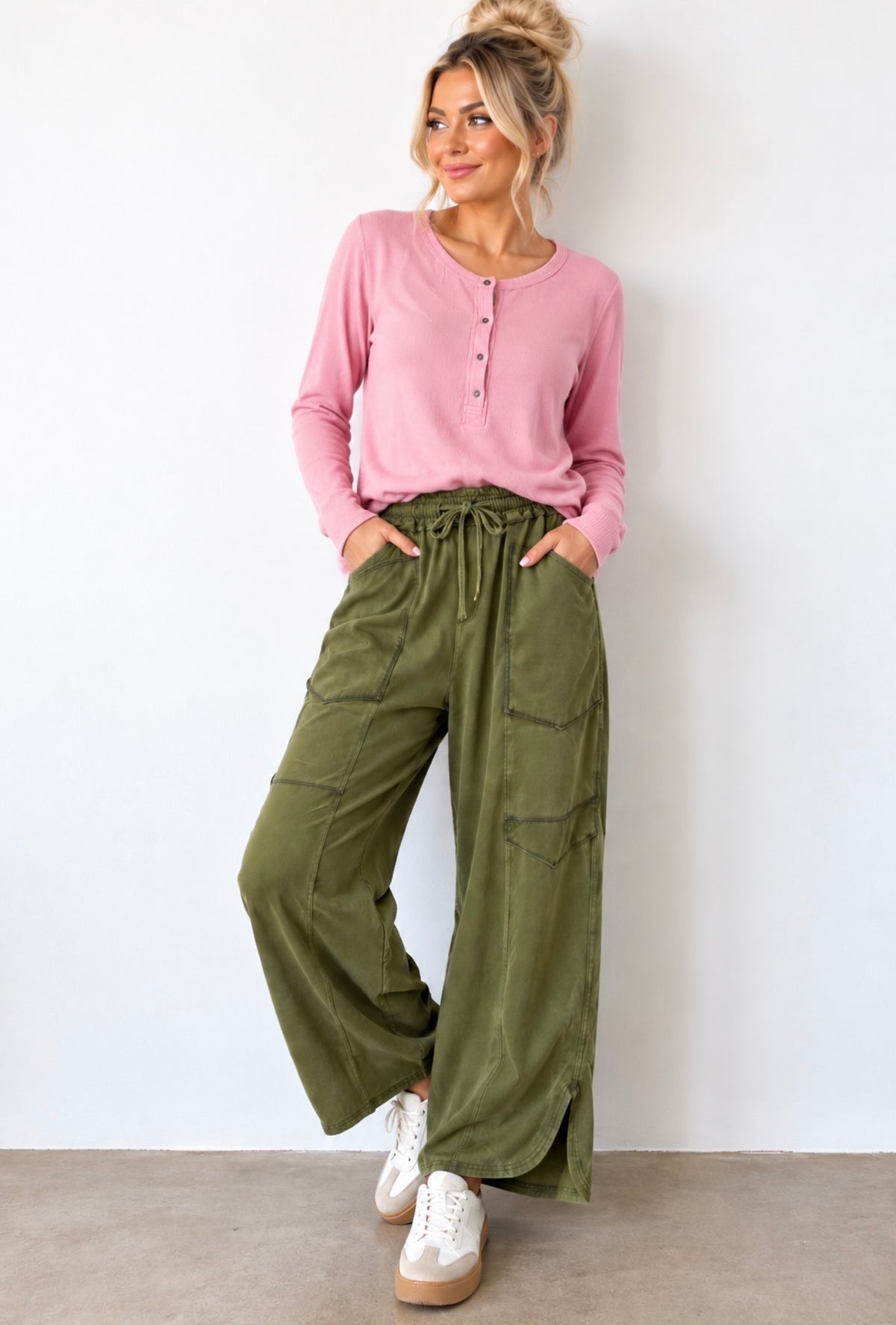 Aemi Pink/ Blue Henley Long Sleeve Top
