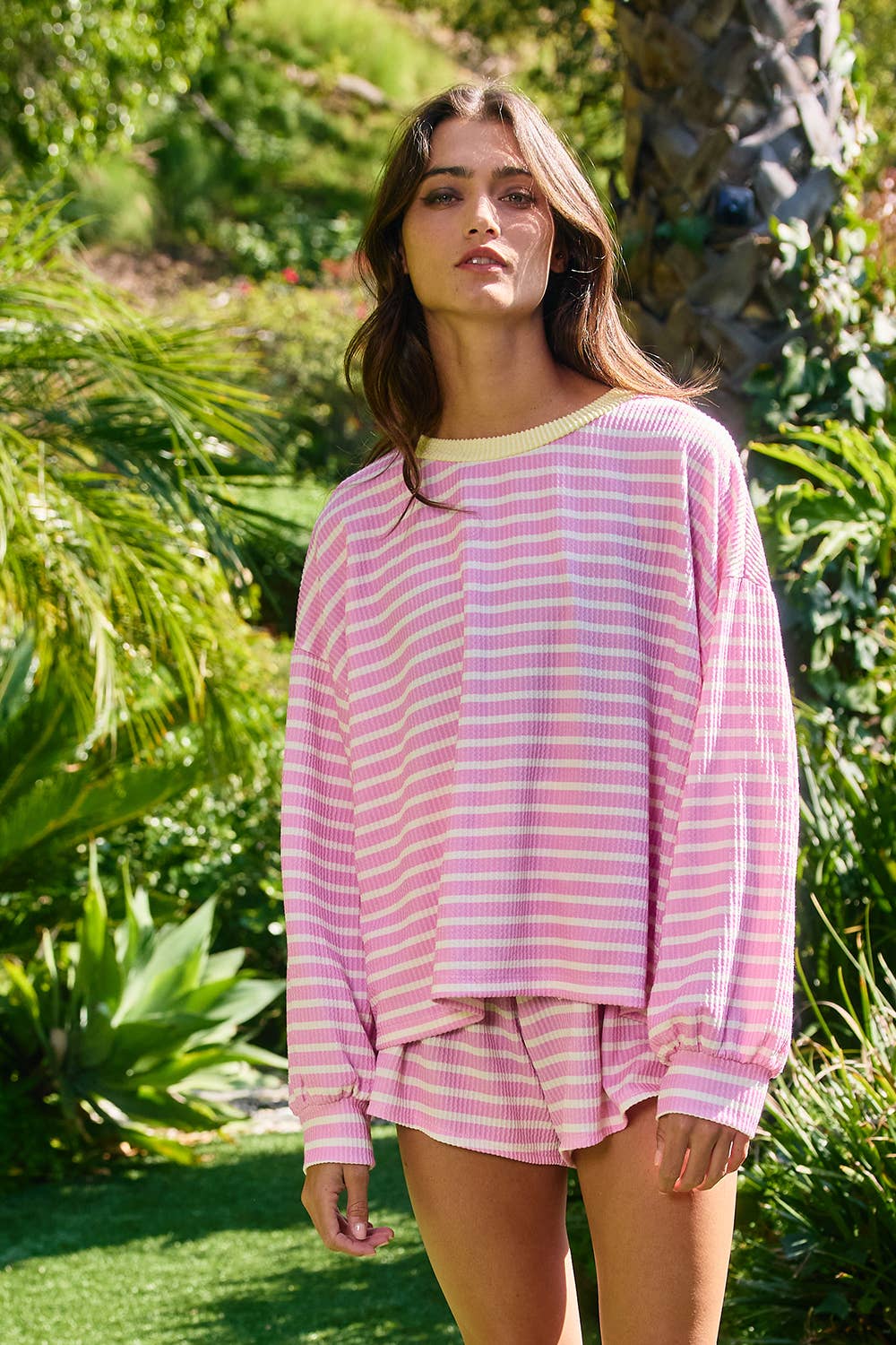 Pink Lemonade Striped Textured Knit Long Sleeve Oversized Top