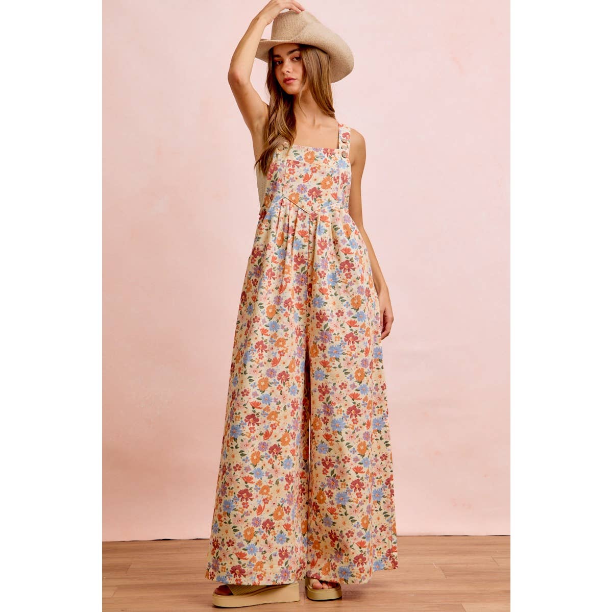 WASHED FLORAL TWILL FRONT POCKETS DETAIL OVERALL
