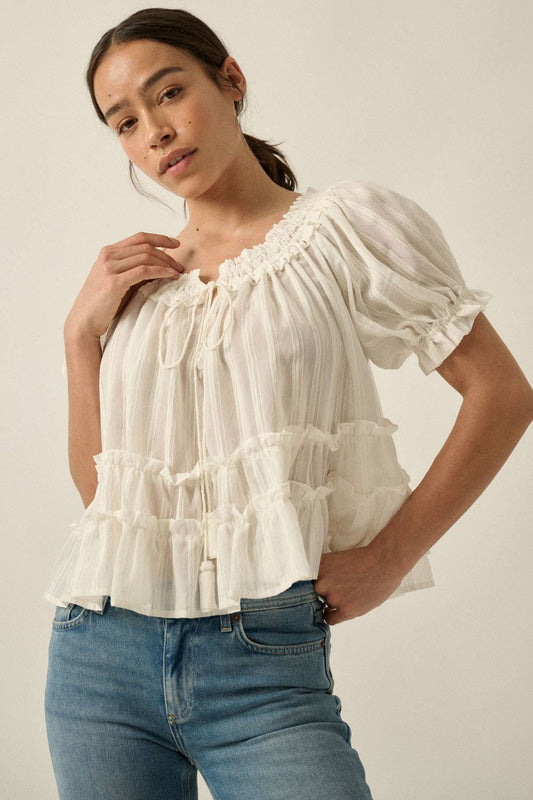 Tonal-Stripe Puff-Sleeve Tiered Ruffle Babydoll Peasant Top