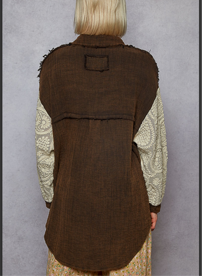 Mineral Wash Chocolate Brown Peace Button Up Top POL