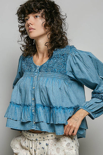 Feminine Lacework Pintuck Button Front Woven Blouse