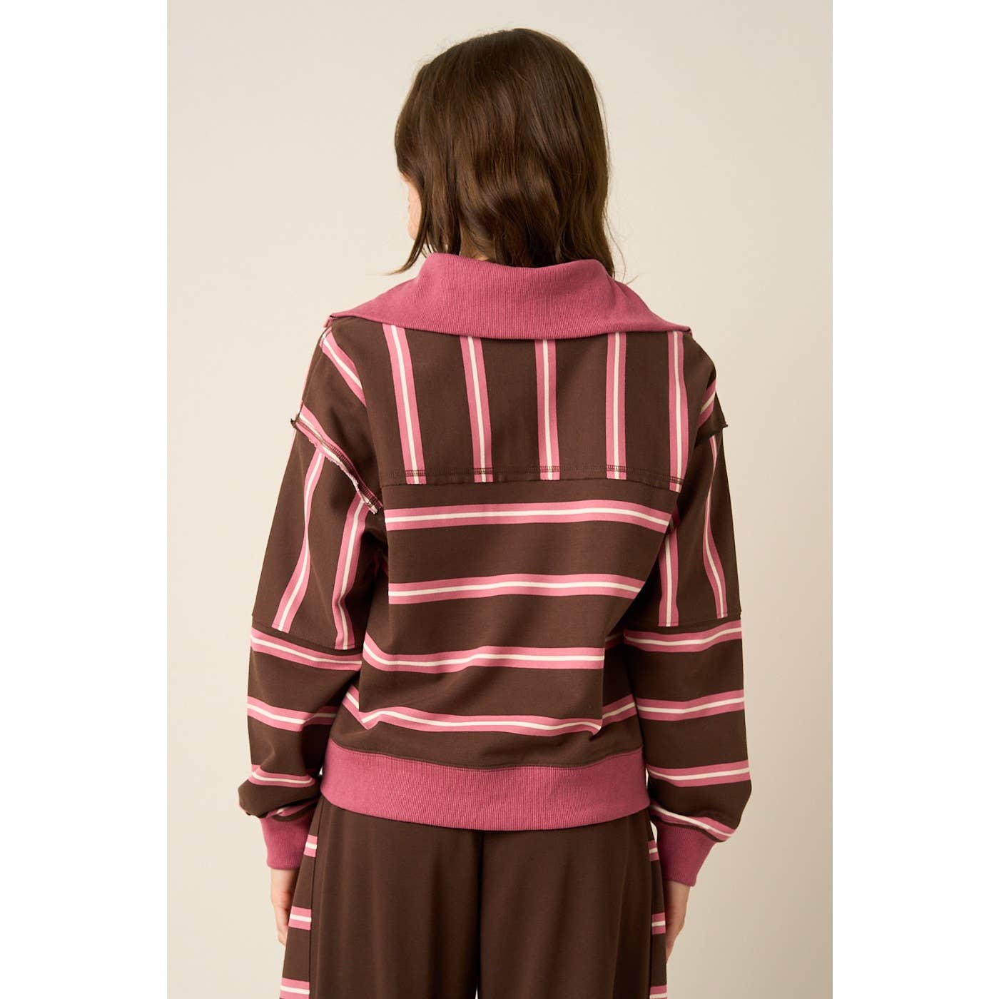Mitto Shop Pink and Brown Contrast Striped Top