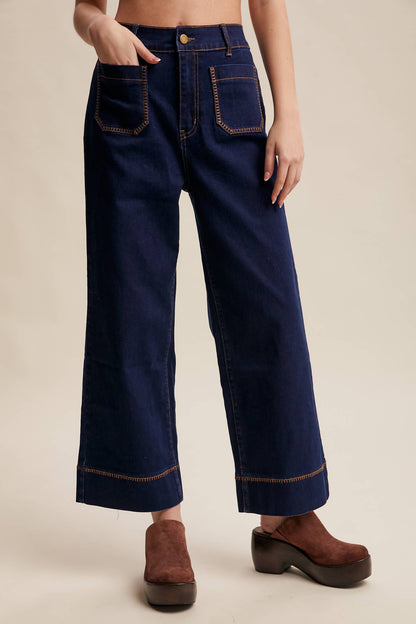 Contrast Stitch Wide Leg Stretch Denim Pants