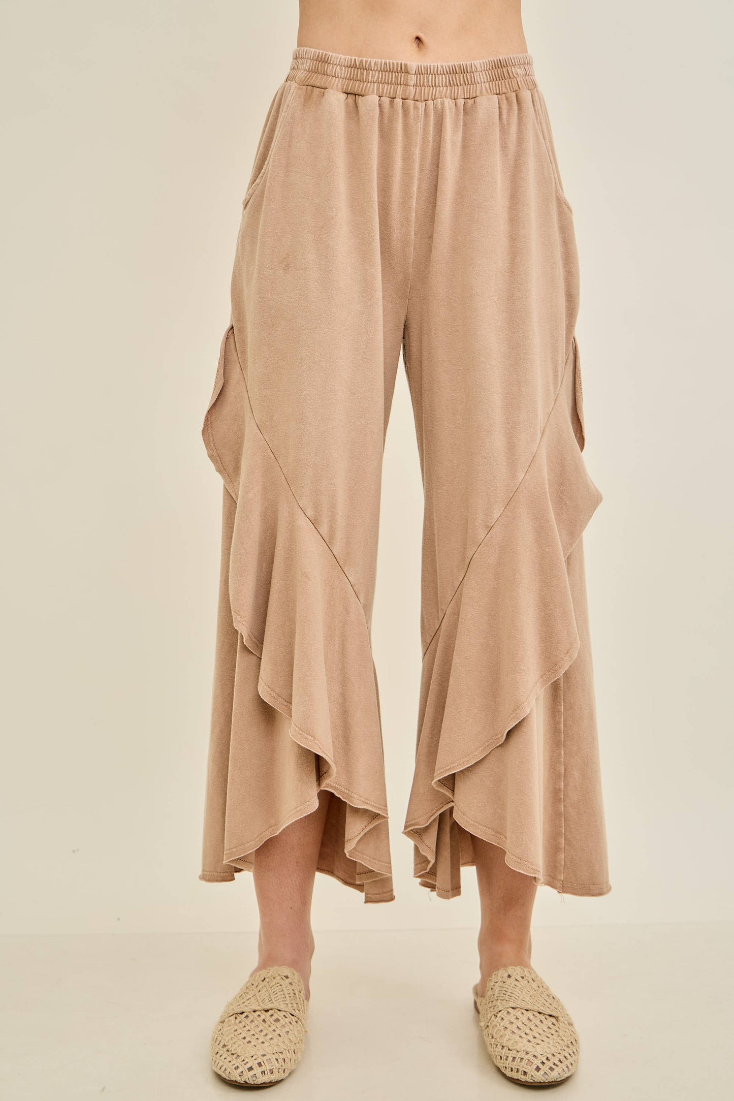 Mineral Washed Wavy Eggplant Ruffle Cropped Pants