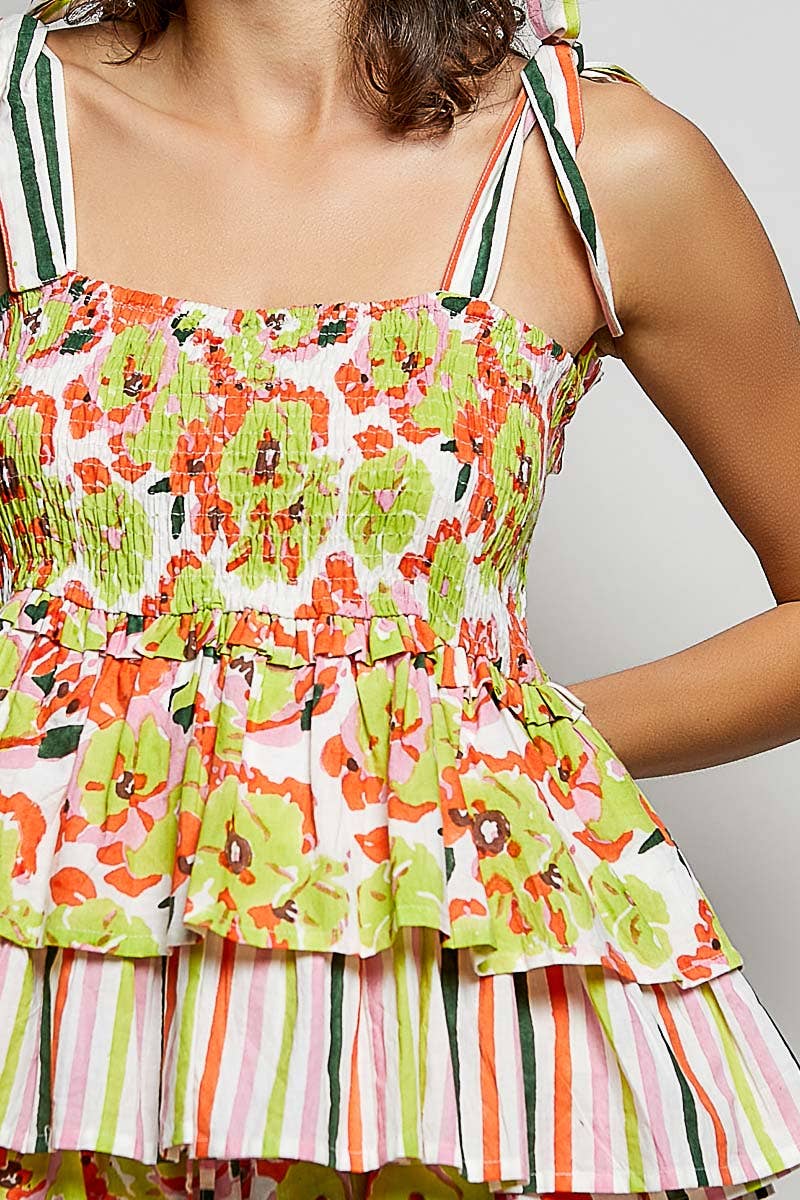 Lime Floral Ruffle Adjustable Strap Woven Printed Sleeveless Top