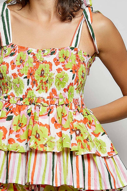 Lime Floral Ruffle Adjustable Strap Woven Printed Sleeveless Top