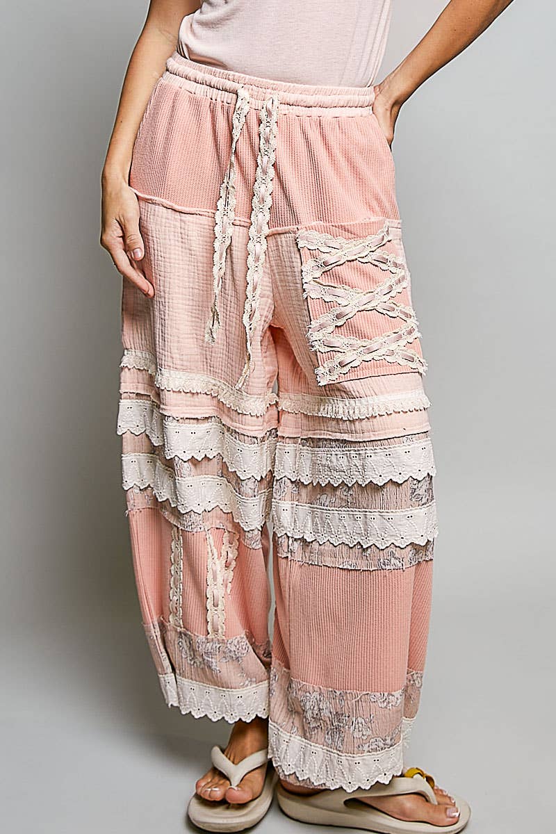 Pink Double Gauze Trim Floral Patch Waistband Jogger Pants