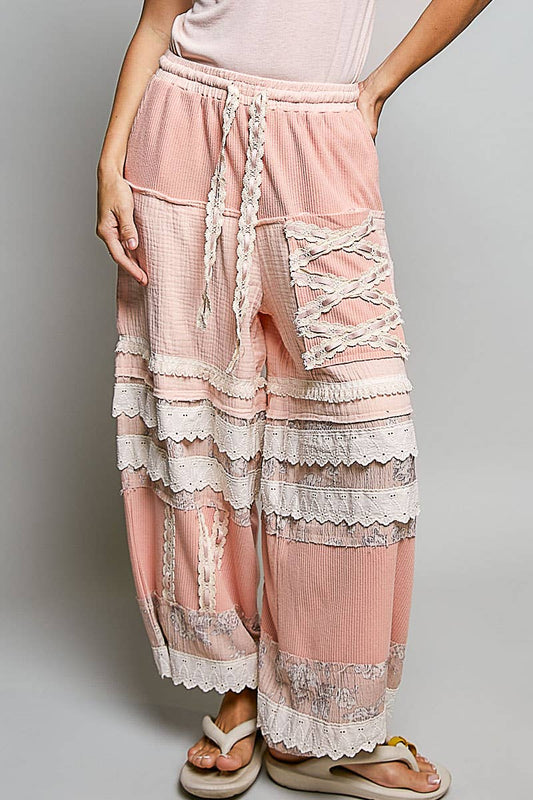 Pink Double Gauze Trim Floral Patch Waistband Jogger Pants