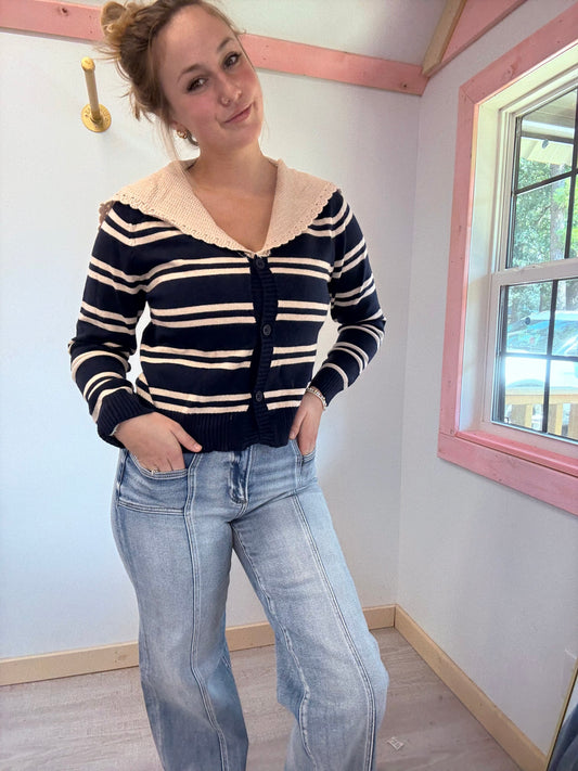 Scallop Trim Striped Cardigan Peach Love