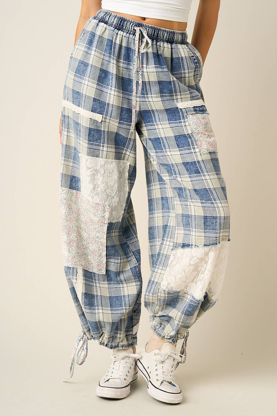 Mittoshop PLAID PATCHWORK LACE DRAWSTRING PARACHUTE PANTS