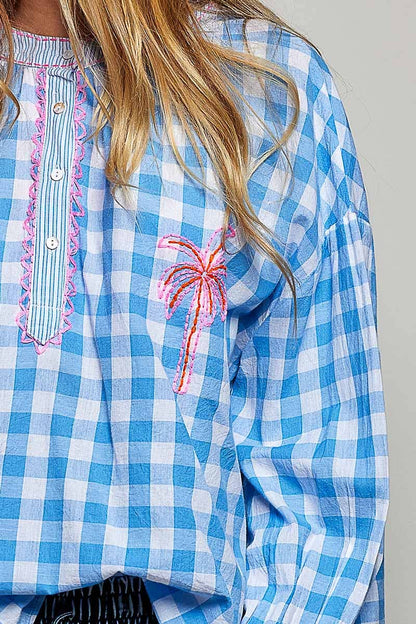 Graphic Palm-Tree Embroidery Paid Blouse Top