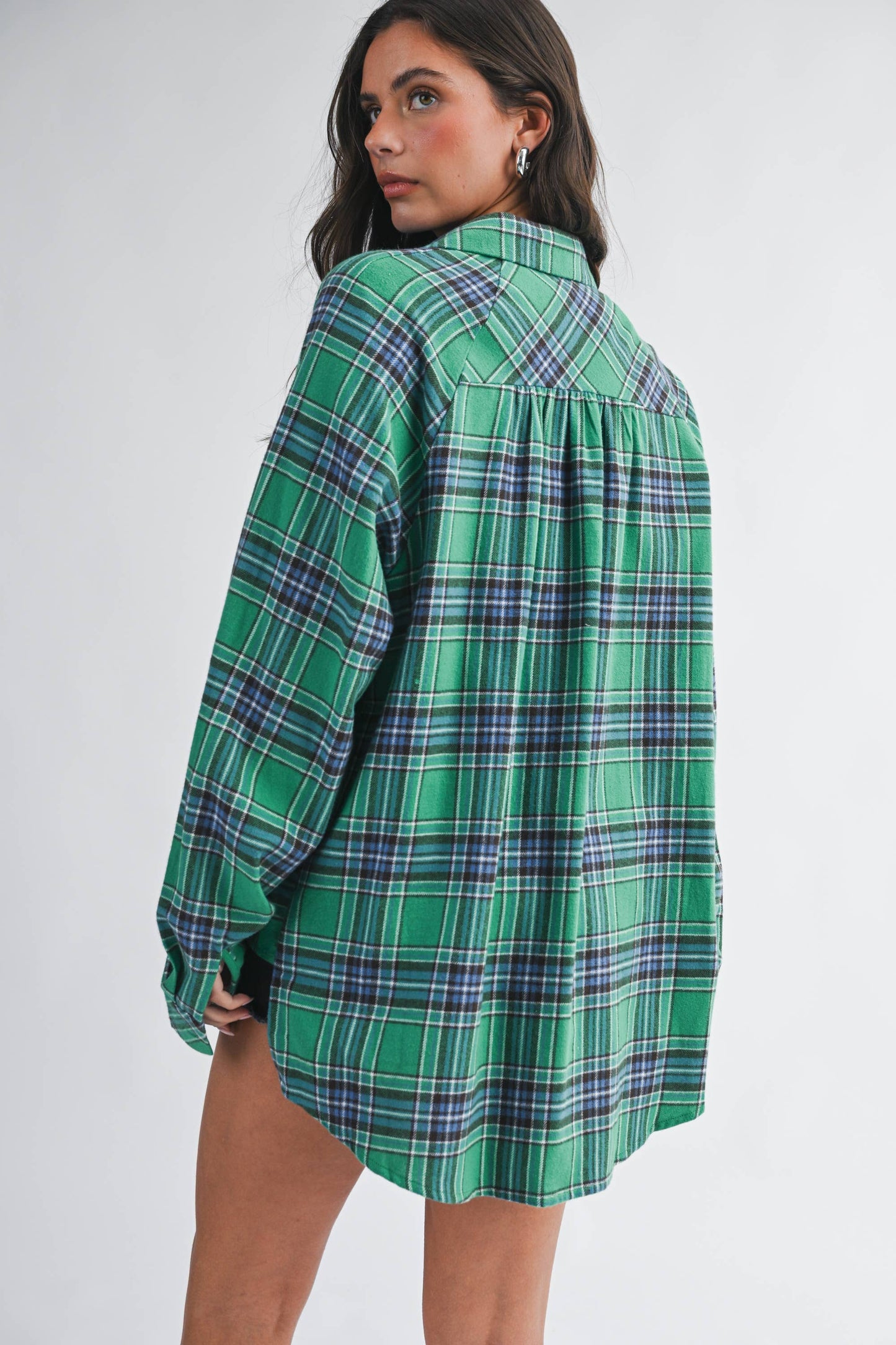 Teal Green Oversized Plaid Flannel Button Down Shirt