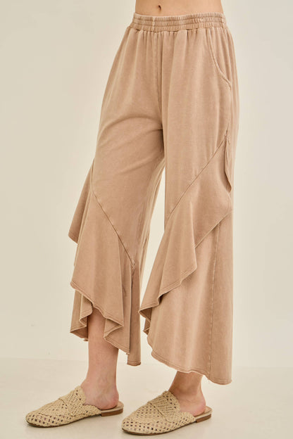 Mineral Washed Wavy Eggplant Ruffle Cropped Pants