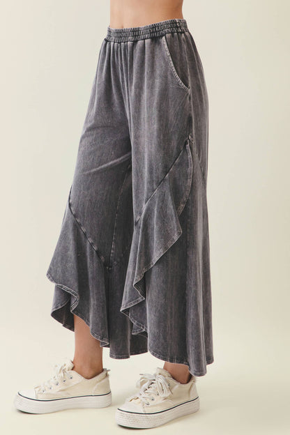 Mineral Washed Wavy Eggplant Ruffle Cropped Pants