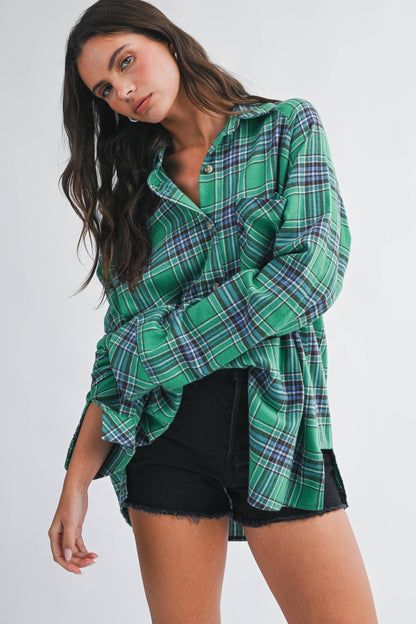 Teal Green Oversized Plaid Flannel Button Down Shirt