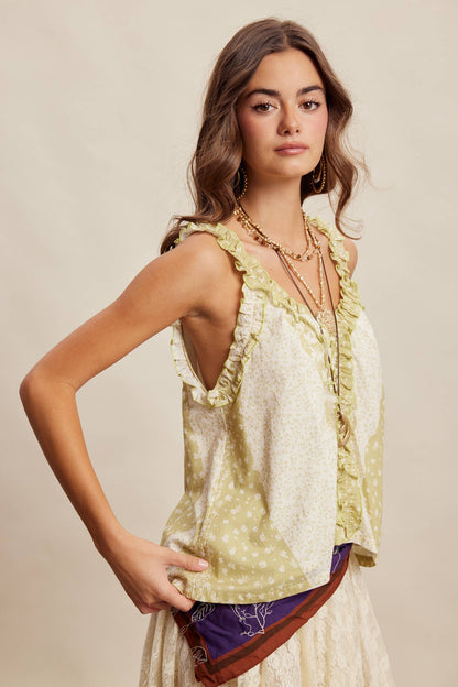 Sage Ruffle Trim Patchwork Tank Top