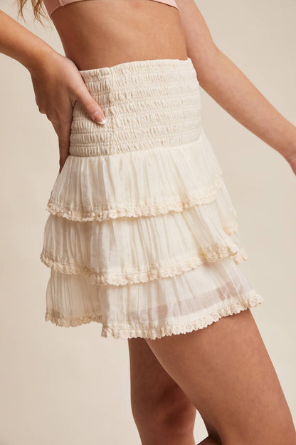 Tiered Ruffle Lace Trim Skort