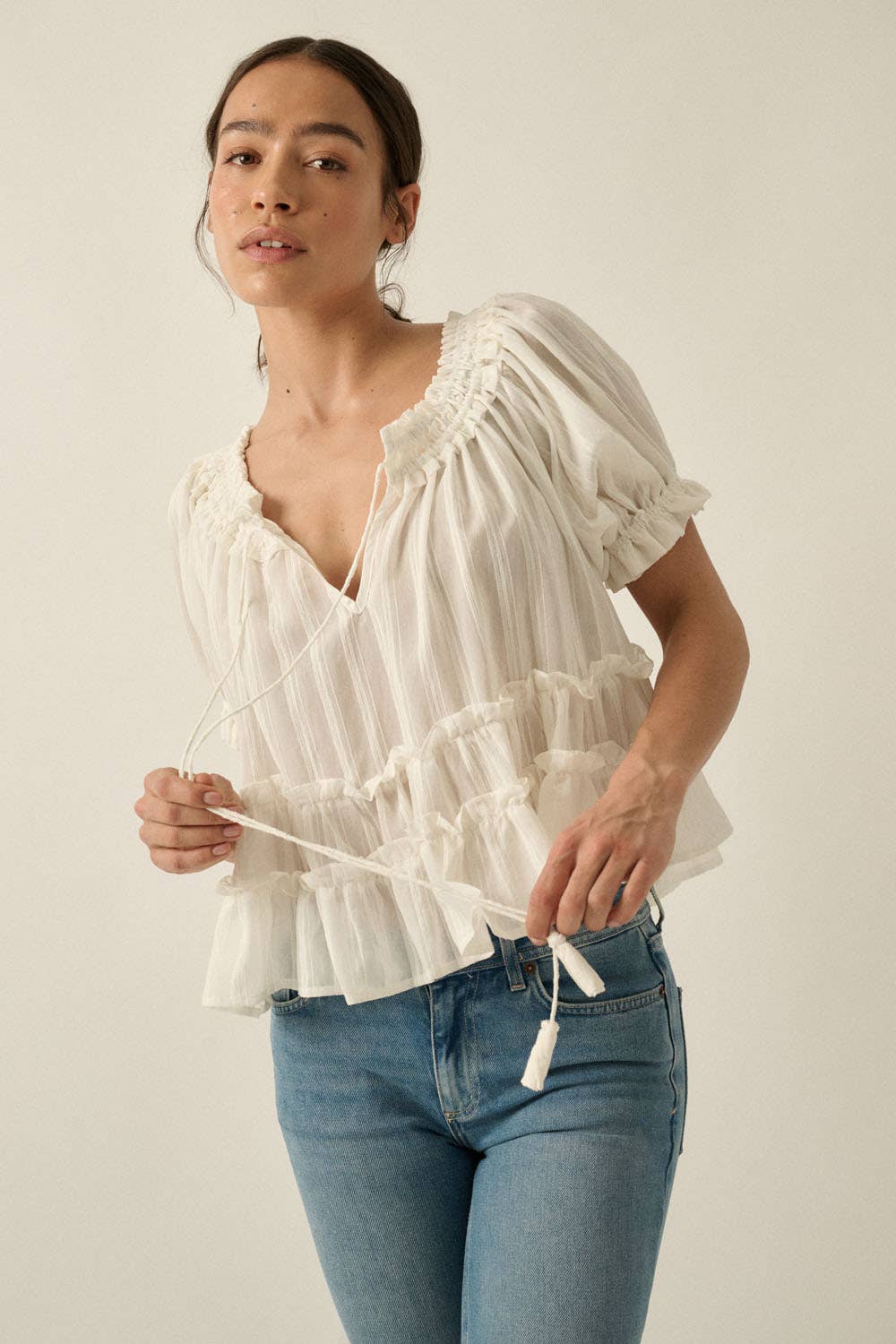 Tonal-Stripe Puff-Sleeve Tiered Ruffle Babydoll Peasant Top
