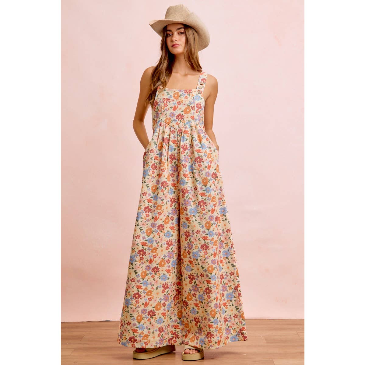 WASHED FLORAL TWILL FRONT POCKETS DETAIL OVERALL