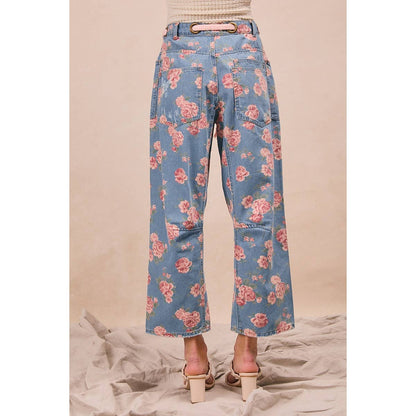 BRAIDING PATCH POCKET FLORAL DENIM PANTS
