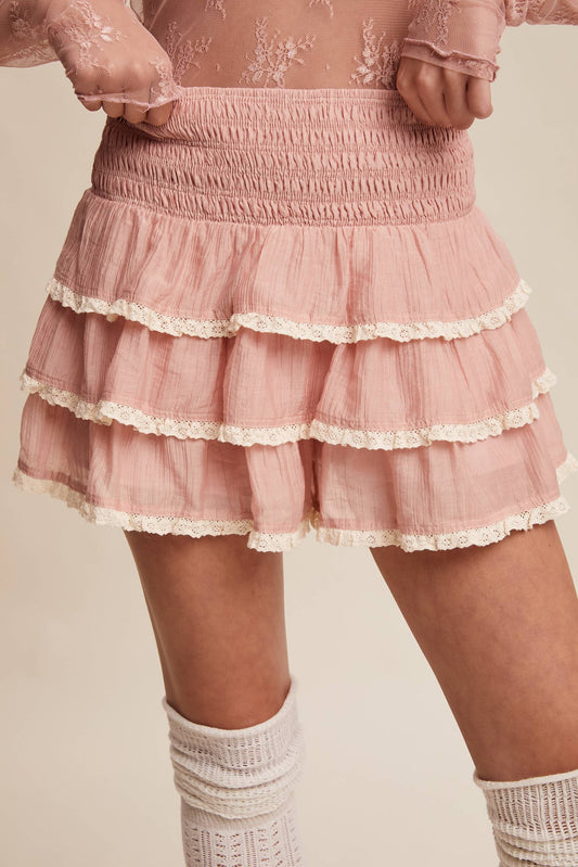 Tiered Ruffle Lace Trim Skort