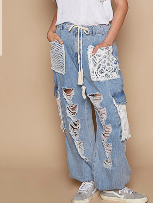Blue Distressed Patch Jeans