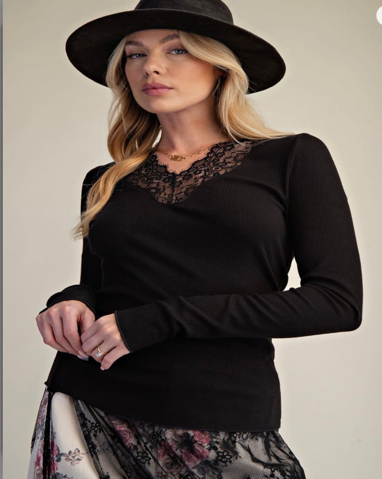 Black VNeck Lace Easel Fitted Ribbed Top