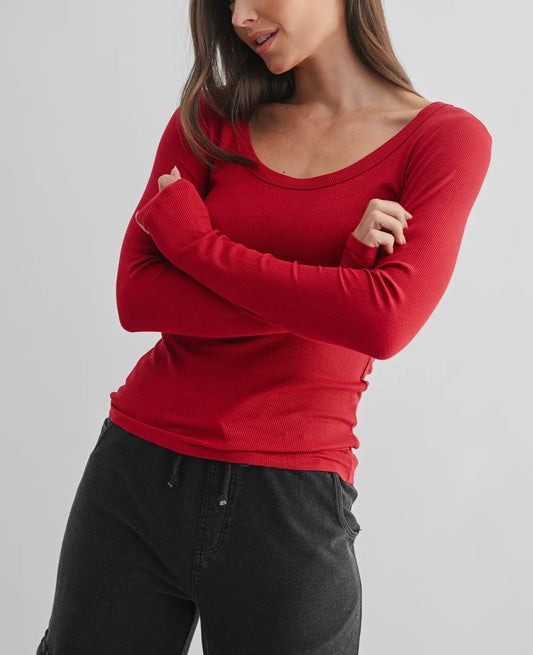 Scoop Neck Garnet Red Micro Ribbed Top Mono B