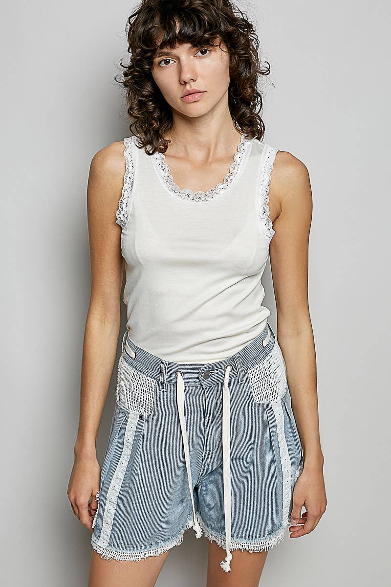 Vintage Washing Stripe Solid Crochet Patch Short Wide Pants
