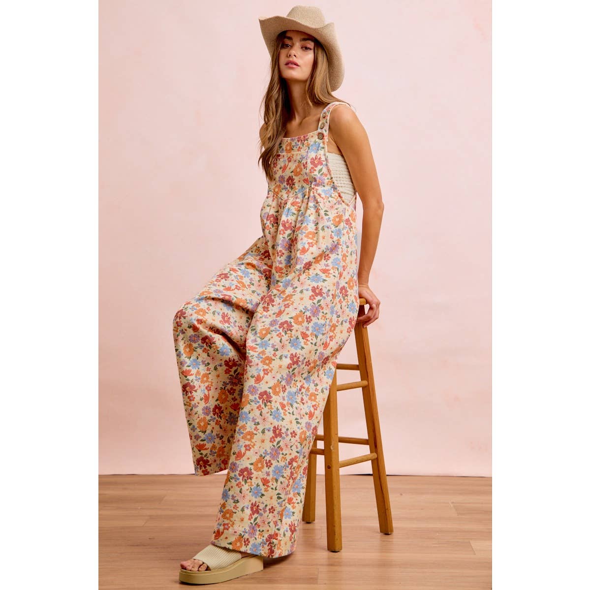 WASHED FLORAL TWILL FRONT POCKETS DETAIL OVERALL