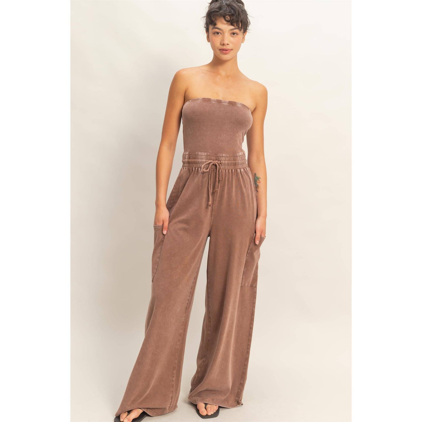 Mineral Wash Strapless Wide-Leg Jumpsuit