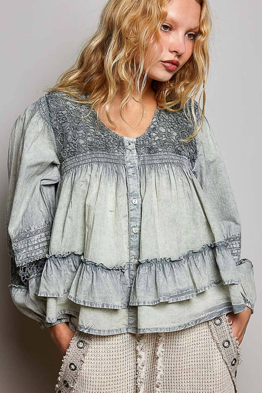 Feminine Lacework Pintuck Button Front Woven Blouse
