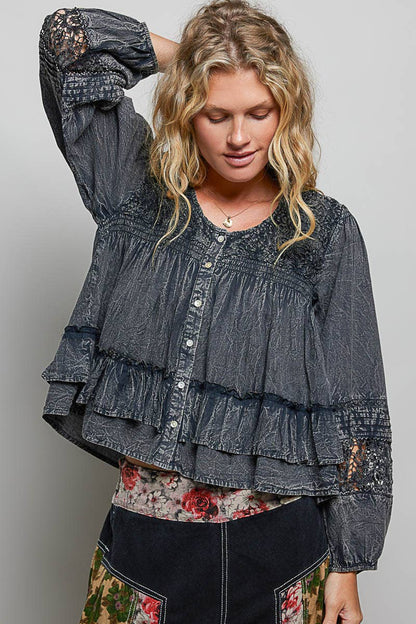 Feminine Lacework Pintuck Button Front Woven Blouse