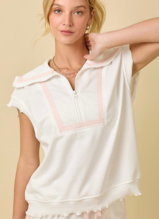 White and Pink Lace Track Top with half Zipper